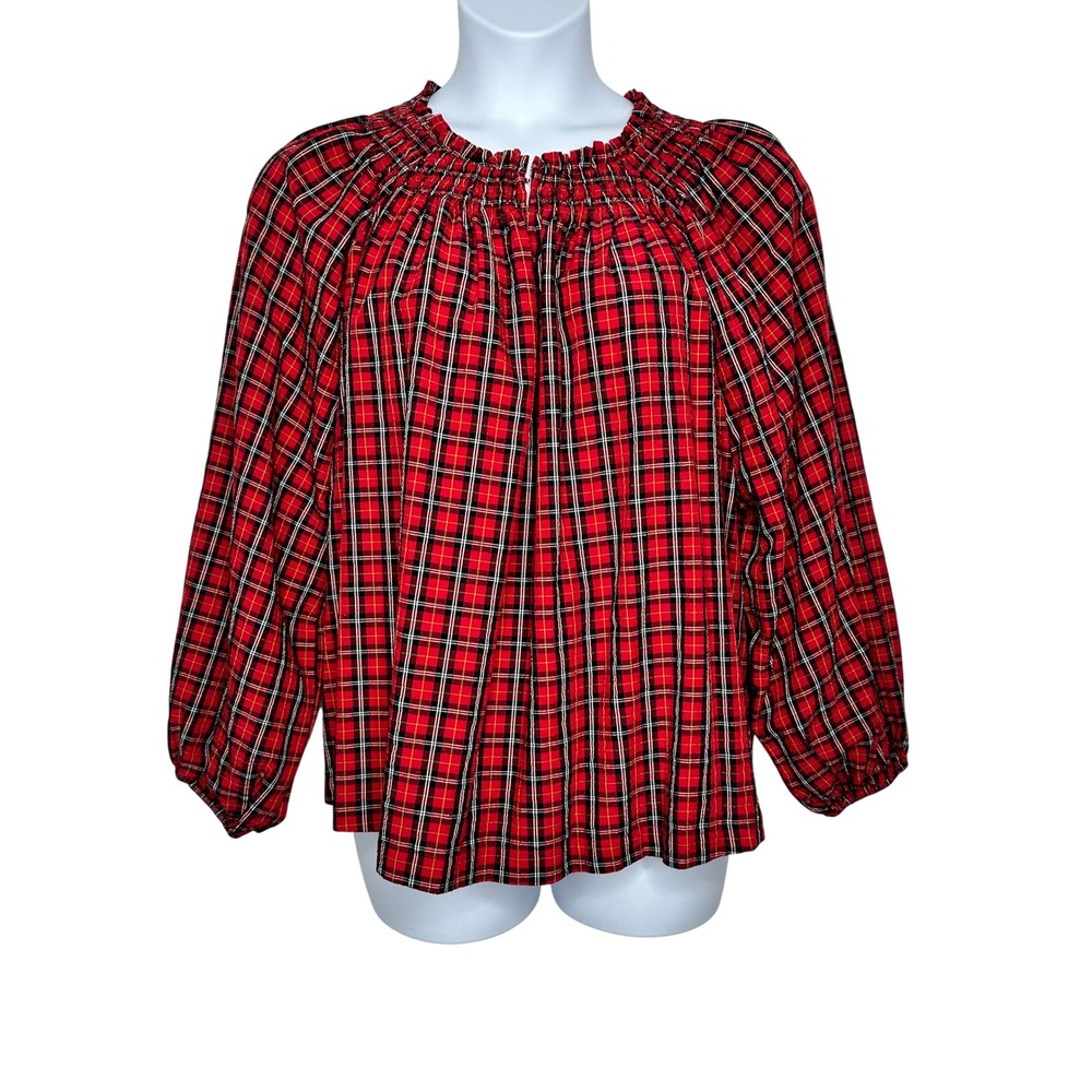 Old Navy Plaid Top Size 2X Red Smocked Neck Long Sleeve Preppy Holiday